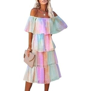 Etcyy Off Shoulder Chiffon Ruffle Rainbow Maxi Dress 💕